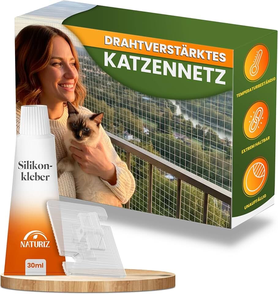 Naturiz® Katzennetz für Balkon ohne Bohren 3x4m - Katzennetz drahtverstärkt transparent/weiß, Katzengitter inkl. Klebehaken – Katzenschutznetz für Balkon & Fenster, Balkonnetz für Katzen (3x4m)