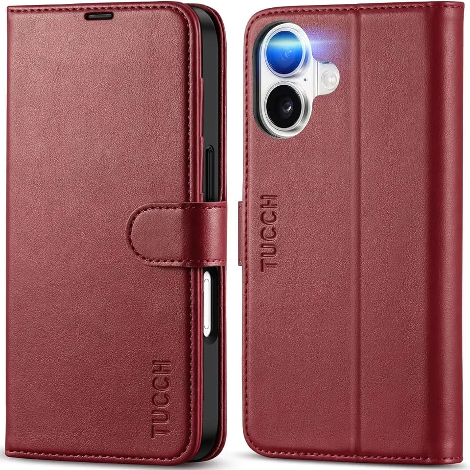 TUCCH Case Wallet for iPhone 17 (6.3") 2025, RFID Blocking Folio, Dark Red