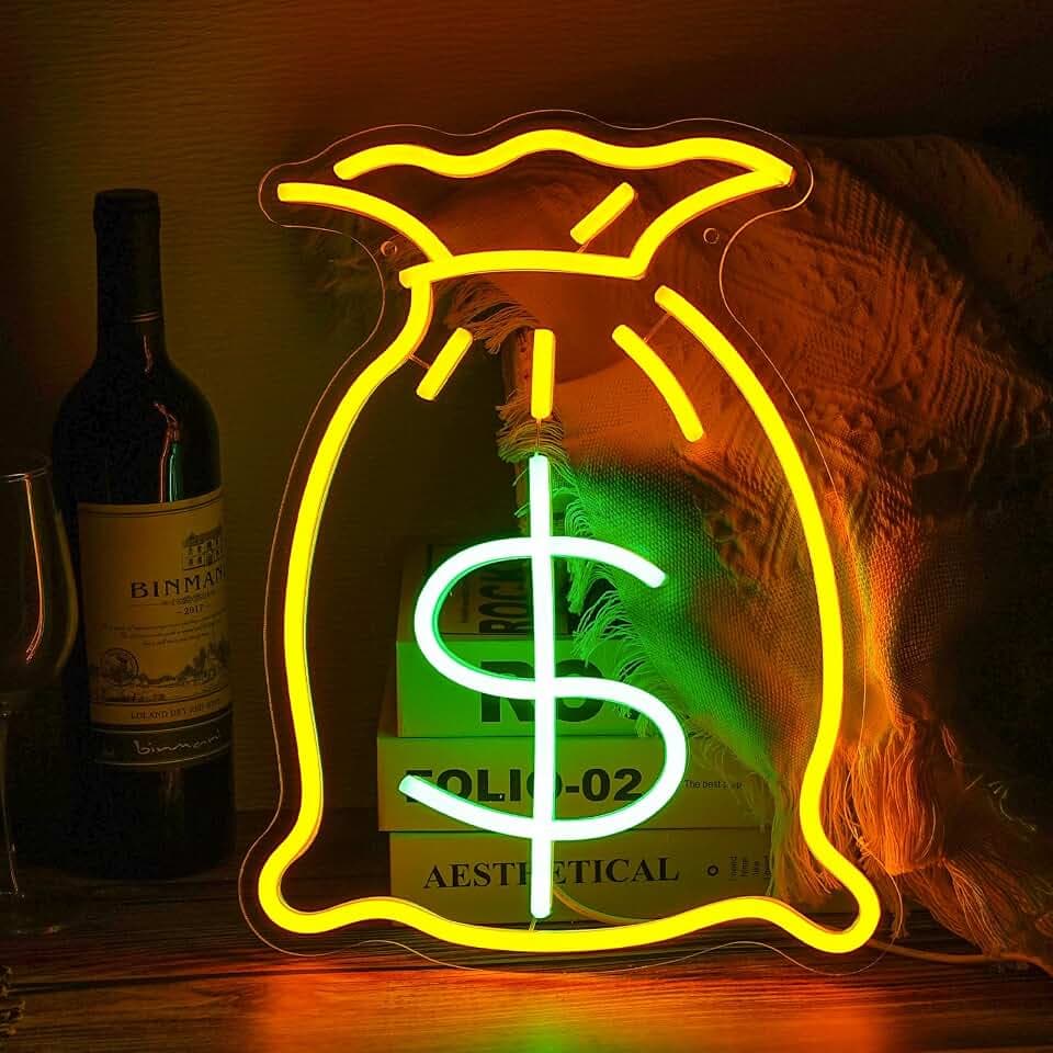Bag Of Money Neon Sign, Neon Sign For Wall Decor, Golden Yellow+Green Led Signs Usb Powered, Living Game Room Decor, For Bedroom Office Restaurant Bar Hotel Shop Party Birthday (14.2x10.8in)
