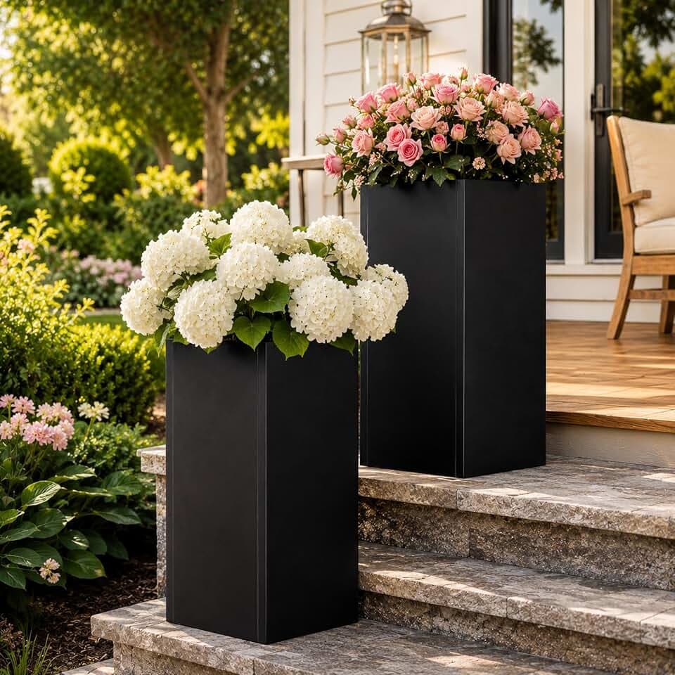 NicBex Tall Metal Square Planters Box Set of 2-24" H x 12" W Slim Black