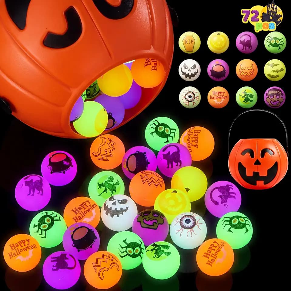 JOYIN 72 Pcs Halloween Glow in The Dark Bouncing Balls with 1 Pc Pumpkin Bucket, 12 Designs Halloween Eyeballs Bouncy Ball Toys for Party Favors, Trick or Treat Goodie Bag Stuffers, Classroom Prizes