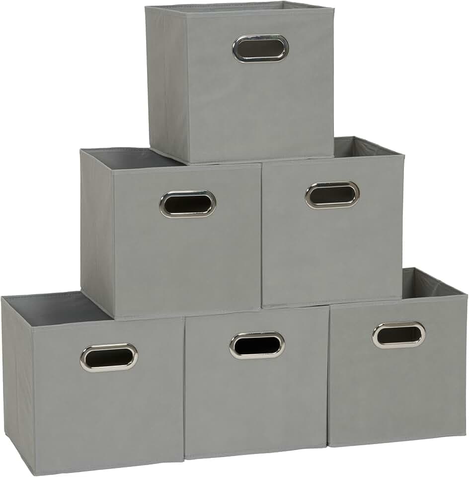Household Essentials Fabric Storage Bins in Strong Poly‑Woven Fabric, Sturdy Chipboard Sides, Grommet Front Handle, Dove Gray Finish, Set of 6