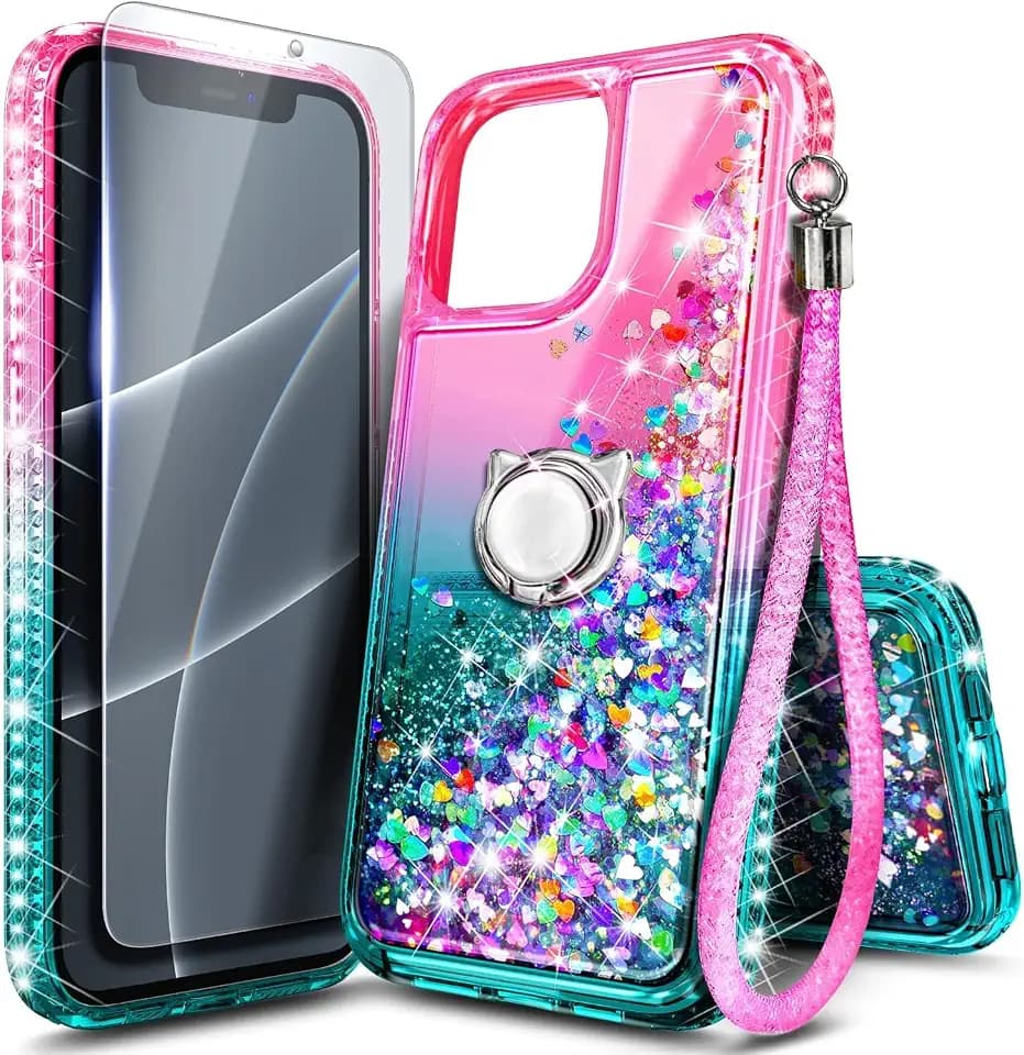 NGB for iPhone 14 Case & iPhone 13 Case, Cute Liquid Glitter, Pink/Aqua