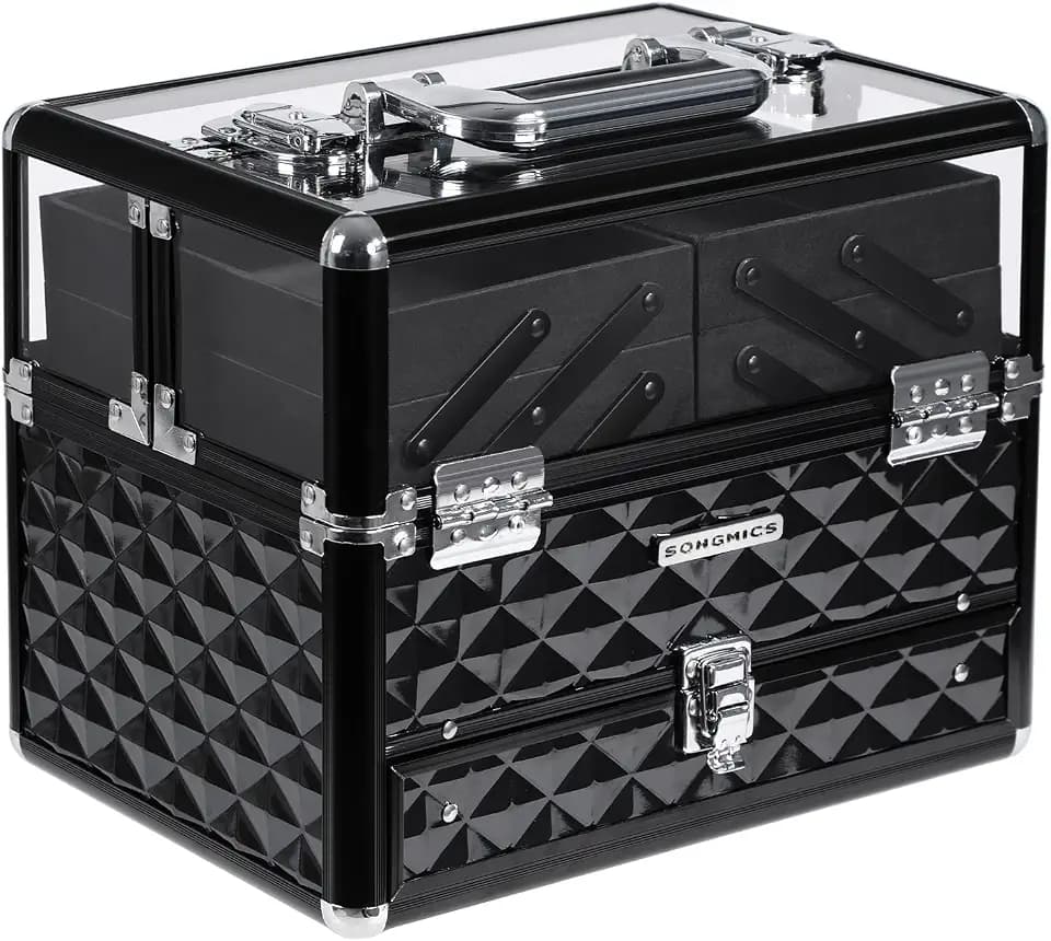 SONGMICS Kosmetikkasten, Schwarz, Acrylglas, klappbare Fächer, XL | Kosmetikkoffer, Kosmetik Aufbewahrung, Multikoffer, Etagenkoffer, GRAICE Kollektion JBC318B