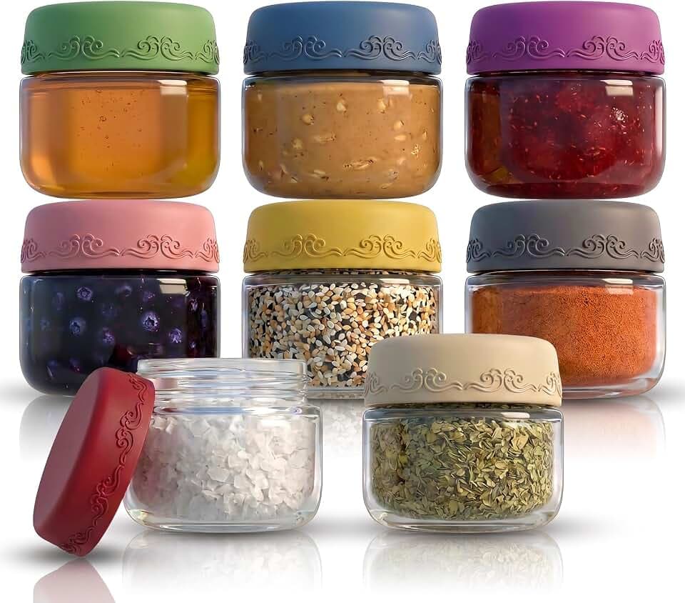 2oz 8Pack Glass Dressing Jars with Leakproof Lids, Containers for Sauce, Salad Dressing, Dips & Snacks – Reusable Glass Food Storage Cups for Lunch Box & Meal Prep(2oz-8Pack)