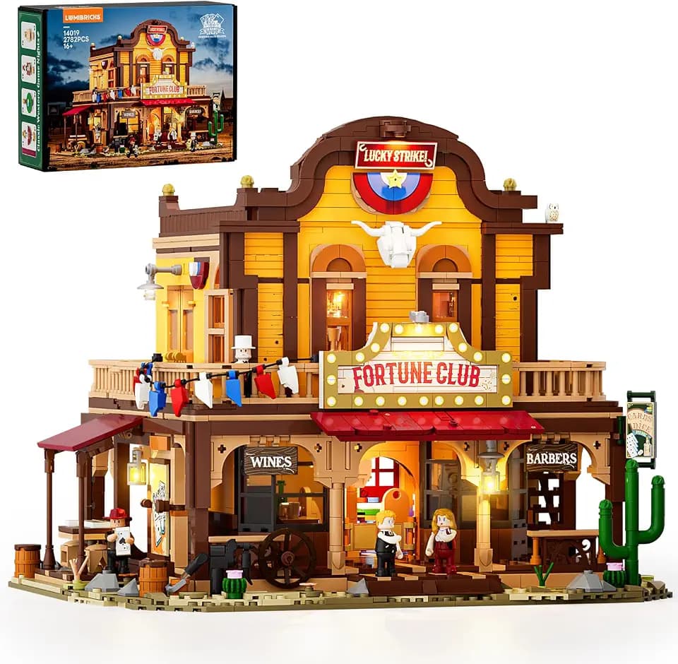 LUMIBRICKS Western Lucky Saloon LED Klemmbaustein-Set, 2200 Teile Modulares Wild-West Gebäude Modell mit Beleuchtung, Doppelte Innenstruktur, Geheimfächer & detailreiche Architektur, Sammler-Set für E