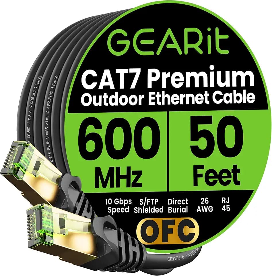 GEARit Cat7 Outdoor Ethernet Cable (50ft) SFTP Shielded Foil Twisted Pair, Pure Copper, LLDPE, Waterproof, Direct Burial, In-Ground, UV Resistant, POE, Network, LAN, Internet, Cat 7-50 Feet