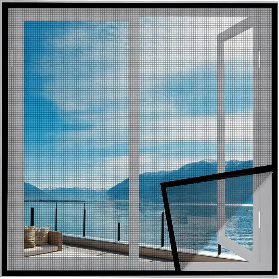 Fenstertüren Fensterfliegengitter 120x110cm Schwarz Fenster Moskitonetz mit Starkem Klettband für Türen/Patio