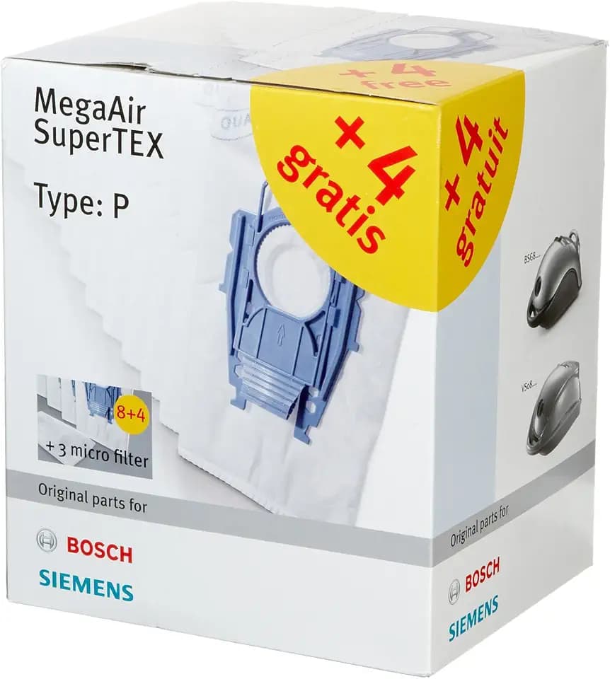 Bosch 12x Staubsaugerbeutel Typ P und 3x Mikrofilter MegaAir SuperTEX BBZ123FP, 99,9% Feinstaubfilterung, hohe Reinigungsleistung, passend für Reihe BSG