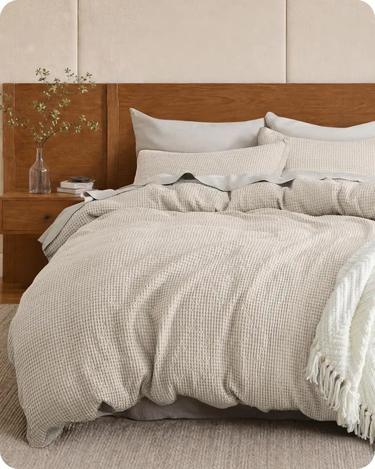 Bedsure PureWoven 3 Pieces 100% Cotton Waffle Duvet Cover Set, King, Beige