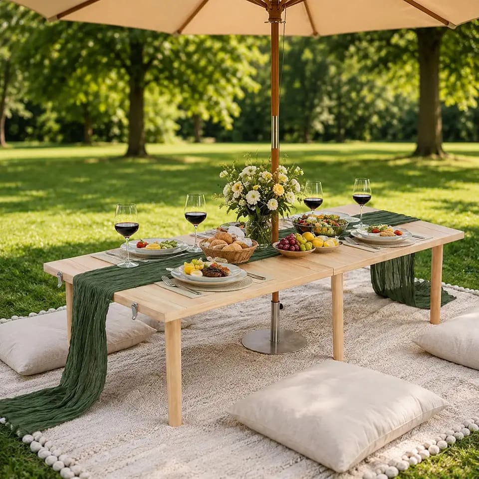 Folding Outdoor Picnic Table, Wood Portable Boho Low Table for 6, Natural