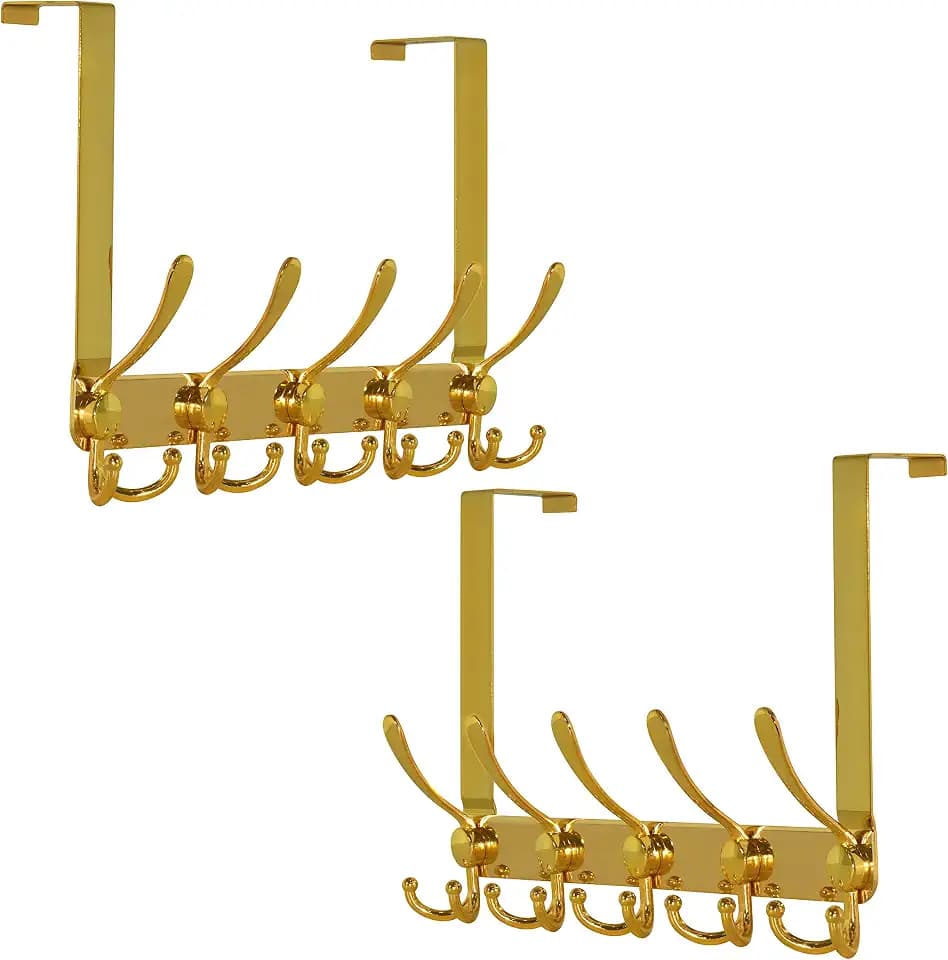 Dseap Over The Door Hook Hanger - Fits 1 3/8" to 1 3/4" Standard Doors | 5 Tri Hooks Heavy Duty Towel/Coat Rack | Door Organizer for Clothes, Jackets, Hats, Towels, Gold, Pack of 2