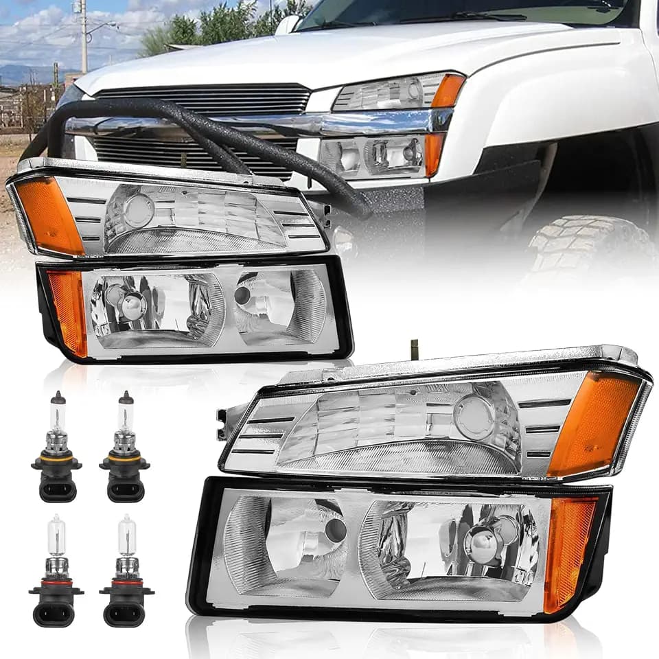 KUIPERAUTO Headlight Set Compatible with 2002-2006 Chevy Avalanche with Body Cladding Pickup Bumper Lights w/High/Low Bulb 9005+9006 (included) Chrome/Clear/Amber