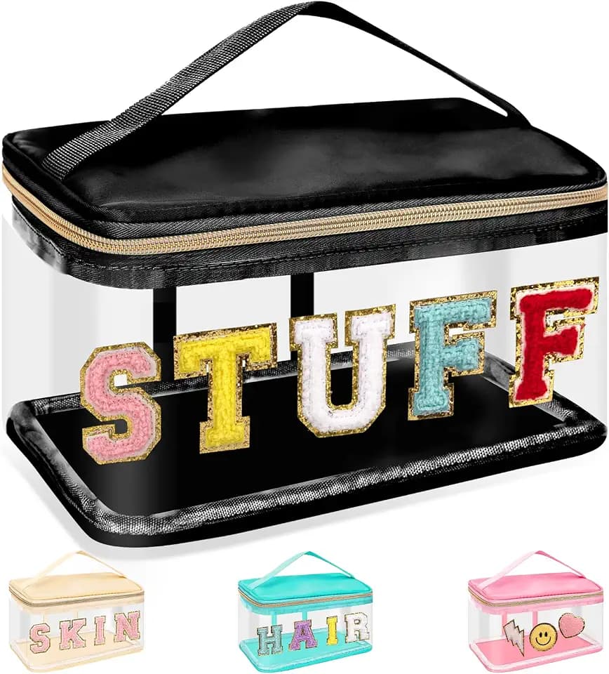 Chenille Letter Clear Makeup Bags Stuff Pouch, Preppy Patch Makeup Bag Zipper with Handle, Transparent PVC & Nylon Waterproof Glitter Cosmetic Handbag Travel Toiletry Storage for Women(STUFF-Black)