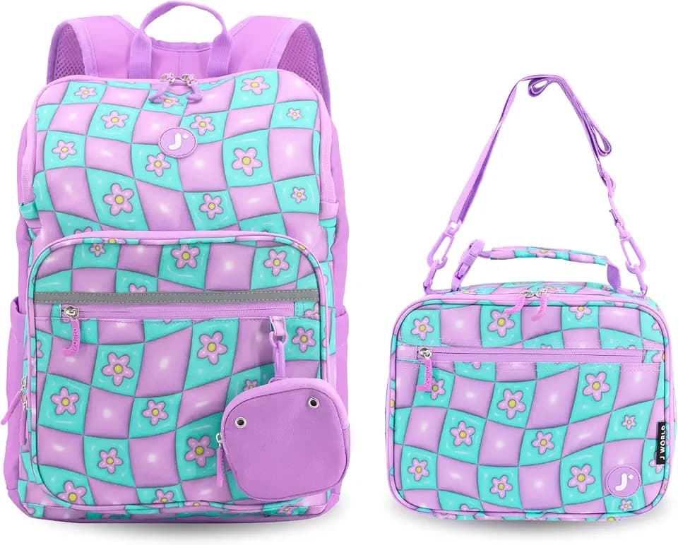J World New York Junior Set Kids Backpack with Lunch Box. School Bookbag and Lunch Bag, Puffy Flower