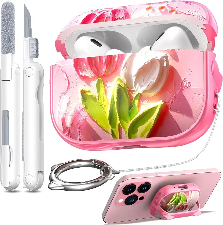 RFUNGUANGO AirPods Pro Case for Women Girly Cat Case Pink Tulip