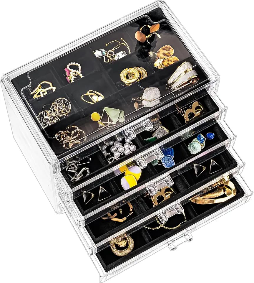 ProCase Acryl Schmuck Organizer Schmuckschatulle für Damen Durchsichtige Schmuckaufbewahrung Schmuckkästchen Schmuckbox mit 5 Schubladen für Ohrringe, Ringe, Armbänder -Schwarz