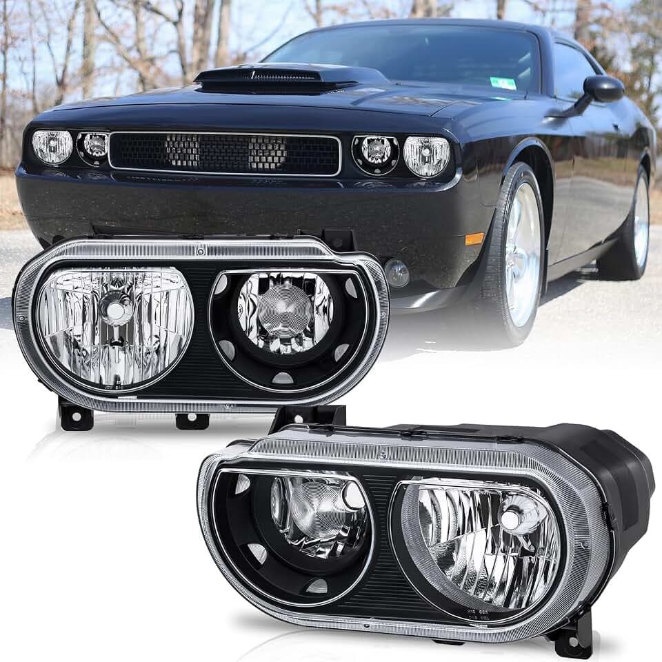 KUIPERAUTO Headlights Assembly Compatible for 2008-2014 Dodge Challenger R/T Halogen Headlamps Black Housing Clear Reflector Driver and Passenger Side CH2502219 CH2503219