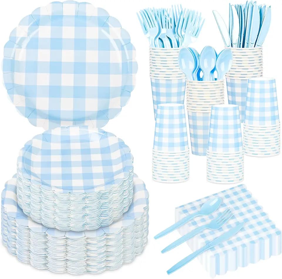 350Pcs Gingham Party Supplies for 50 Guests Scalloped Plates and Napkins set Blue and White Paper Plates Disposable Plaid Cocktail Napkin Checkered Dinner Party Set Cutlery for Baby Shower Wedding
