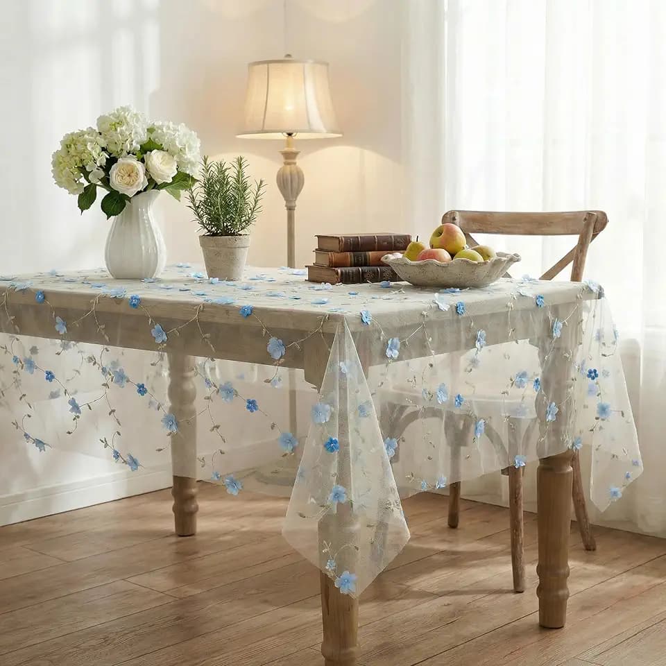 Horaldaily White Floral Rectangle Tablecloth, 52×70 Inch, Blue Flower