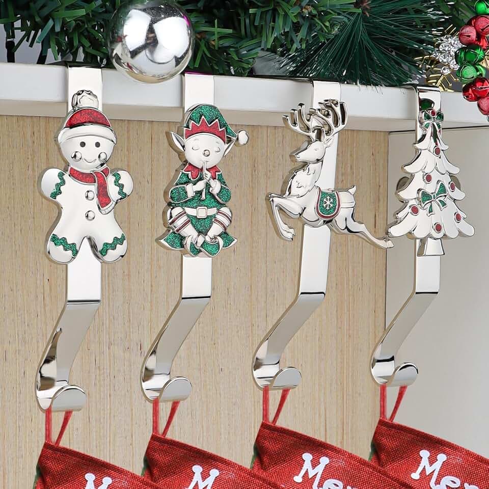 EBANKU Weihnachtsstrumpfhalter für den Kamin, 4 Stile Weihnachtsstrumpfhalter für den Kaminsims, rutschfeste, stabile Kaminsims-Strumpfhaken für Weihnachts-Ferienhausdekoration, 4er Set (Silber)