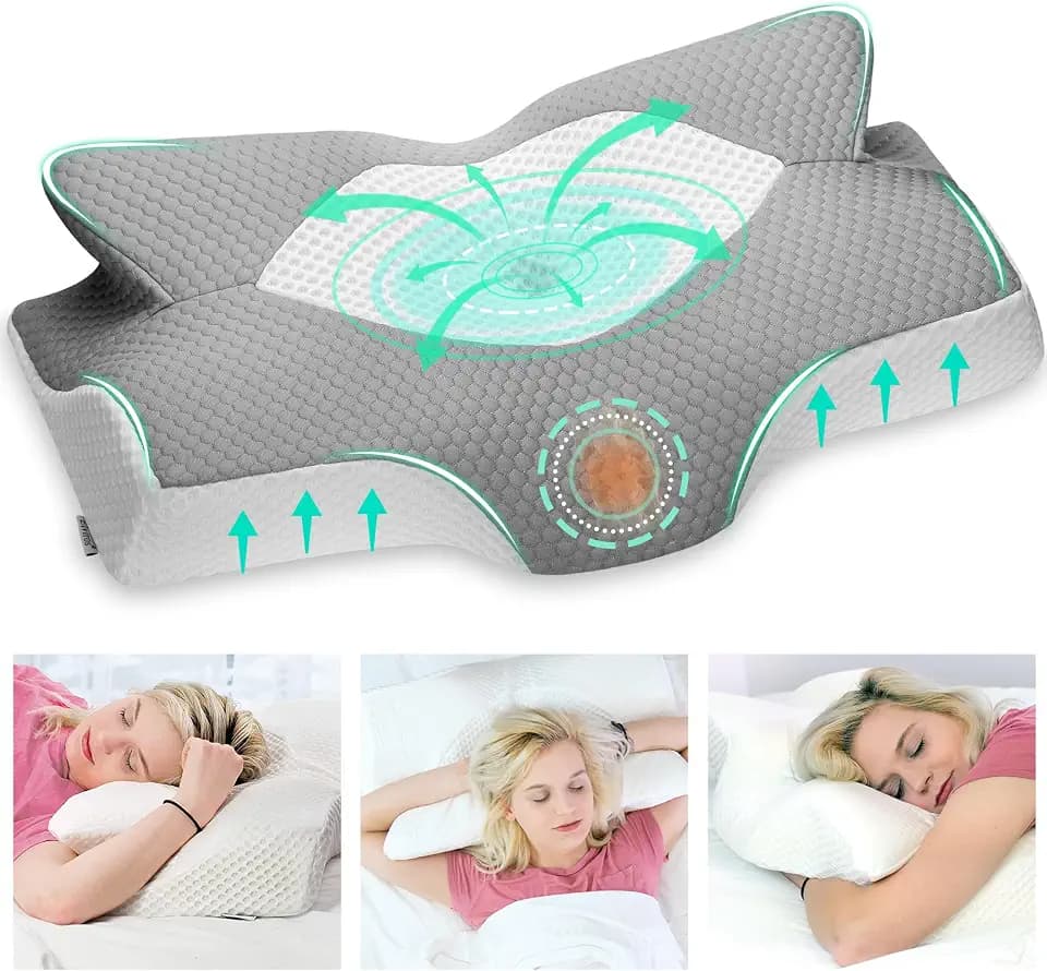Elviros Kissen aus Memory Foam, Seitenschläferkissen Nackenstützkissen Kopfkissen Nackenschmerzen Ergonomisches Schlafkissen für Nacken-und Schulterschmerzen 64 x 12,5/10,5 x 38cm, Grau