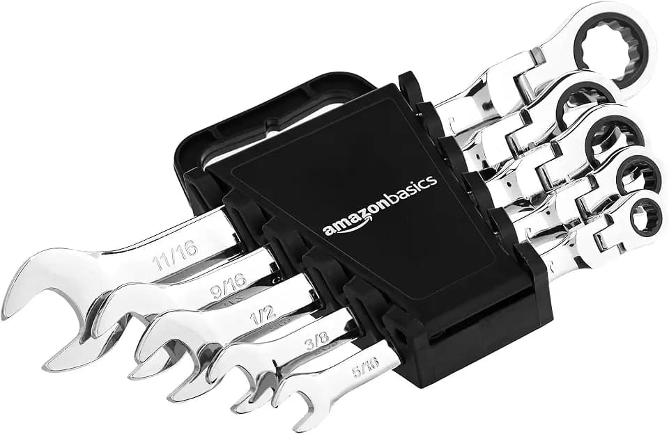 Amazon Basics 72-Tooth Ratcheting Combination Wrench Set, Chrome Vanadium Steel Flexible Head, 5-Piece SAE Sizes 5/16", 3/8", 1/2", 9/16", 11/16", Chrome Finish