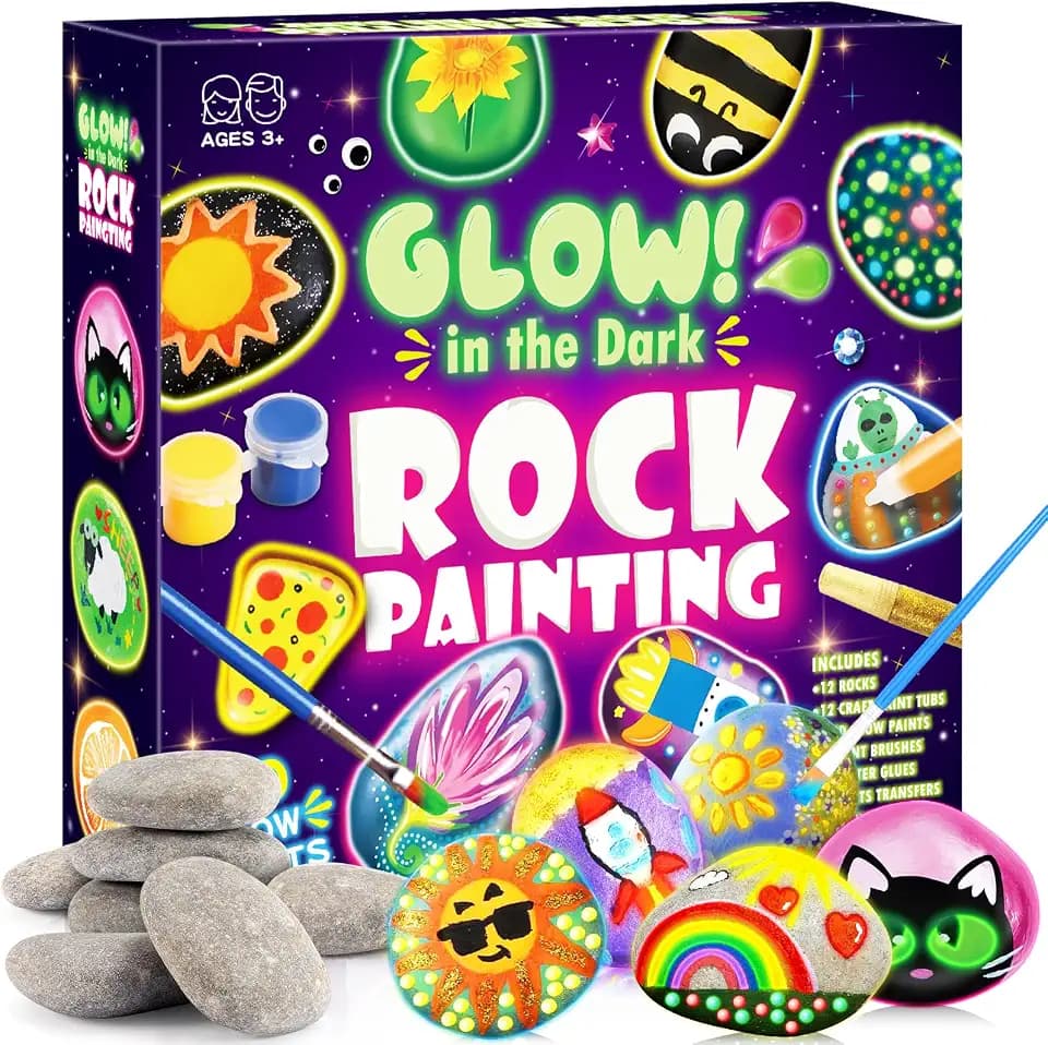 Steine zum Bemalen, Bastelset Kinder ab 5 6 7 8 9 10 Jahre Geschenk Mädchen 6-12 Jahren Basteln Mädchen 6-9 Jahre Ostern Geschenk 12 Stück Steine Bemalen Set mit 20 Farben(Farbe Leuchtet Im Dunkel)