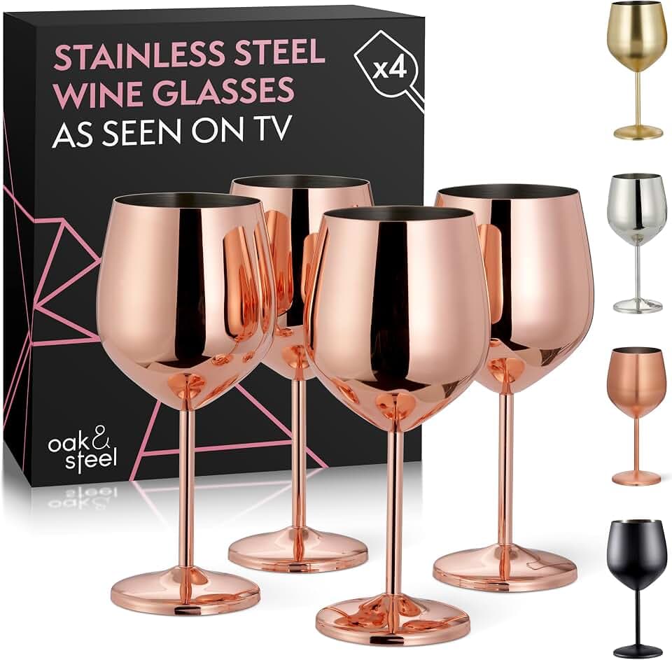 Oak & Steel - 4 Edelstahl Weingläser Geschenkset (540ml) - Roségold/Kupfer - Robust & Unzerbrechlich - Tragbar für Reisen, Camping, Outdoor, Picknicks