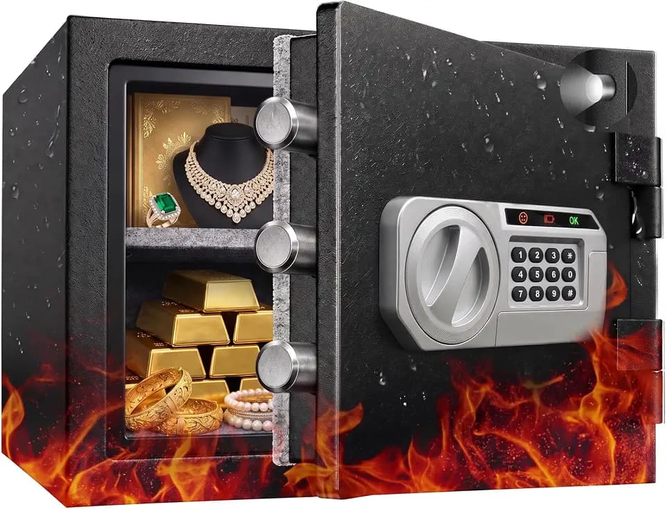Fireproof Safe for Home, Heavy Duty Security Safe with External Battery Compartment, Heat Expanding Door Seal, Adjustable Shelf, Interior Light, Silent Keypad, Digital Lock Safe Box