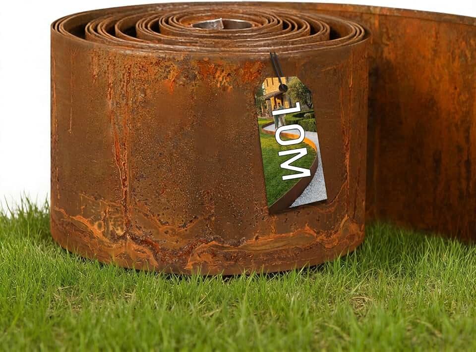 Rasenkante Metall 10 m x 15,5 cm Cortenstahl Beeteinfassung Beetumrandung Rostoptik Rasenkanten, Biegbare Rasenkante für Rasen, Beete, Kiesflächen und Wege (rostoptik 10 m)