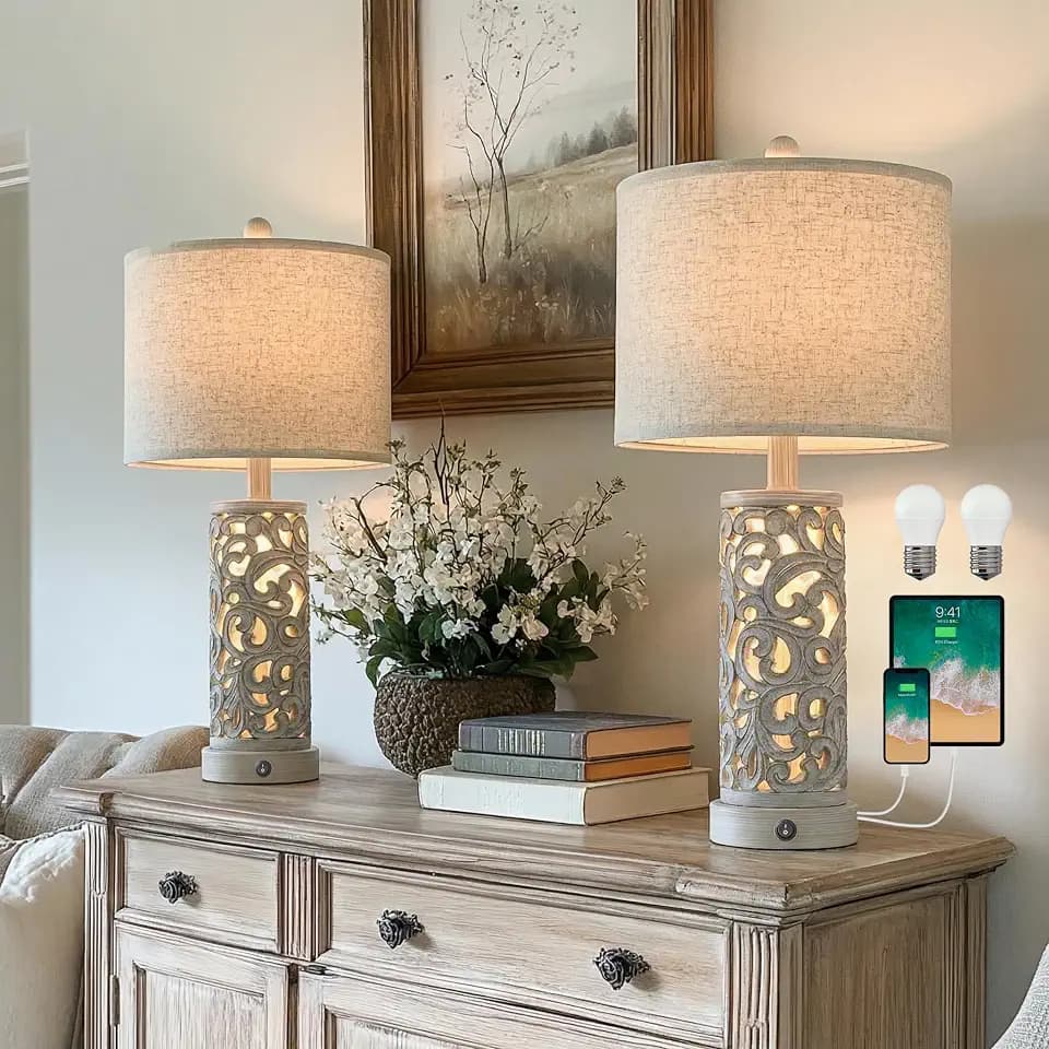 OYEARS Bedside Table Lamps Set of 2 with Night Light, 22'' Distressed Grey