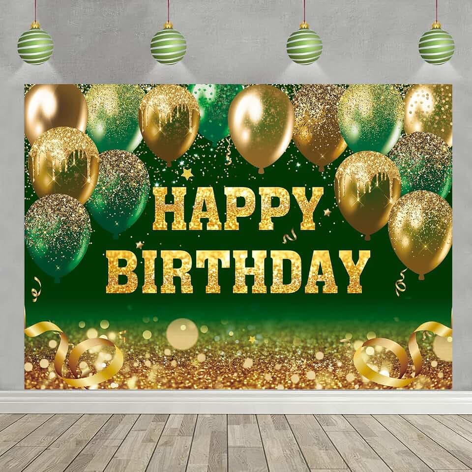 Gold and Green Happy Birthday Backdrop Glitter Balloon Sequin Bokeh Birthday Photography Background for Women Men Kids Birthday Party Decoration Banner (Green, 94X70 inch (8x6FT))