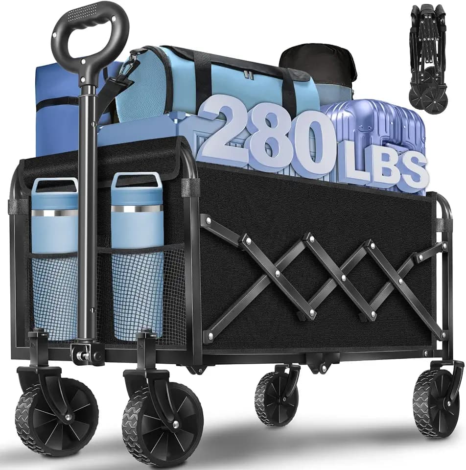 Wagons Carts Foldable, 280 Lbs with Adjustable Handle, Black Lightweight Portable, Collapsible Wagon for Beach Trip, Camping, Shopping, Sports, Travel, Picnic and Grocery (Dark Black)