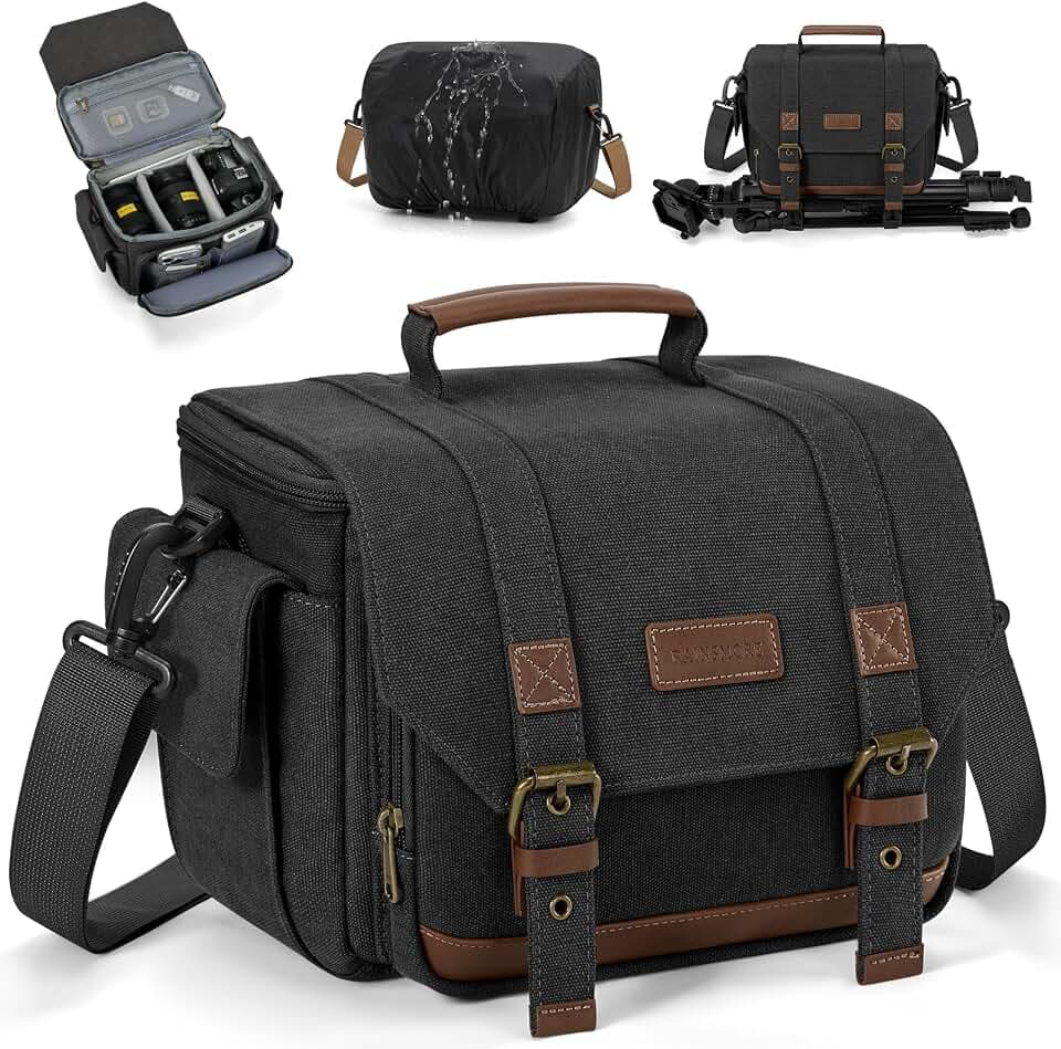 RAINSMORE Camera Sling Bag Canvas Crossbody Camera Case with Rain Cover