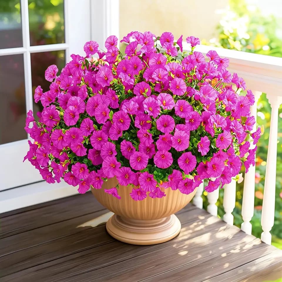 14 Bundles Artificial Flowers for Outdoor, Faux Flowers Silk Morning Glory with Eucalyptus Realistic UV Resistant Spring Flowers for Patio, Garden, Porch, Window Box, Decoration (Purple Red)