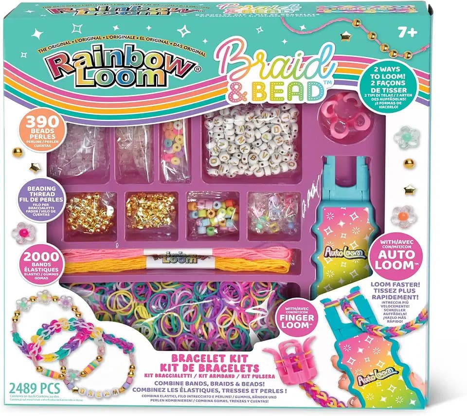 BANDAI - Rainbow Loom Braid & Bead - Set zur Herstellung von elastischen Armbändern, Zöpfen und Perlen – Kreativset – Enthält 2000 Gummibänder, Zubehör – Spielzeug für Kinder ab 7 Jahren – CD0183