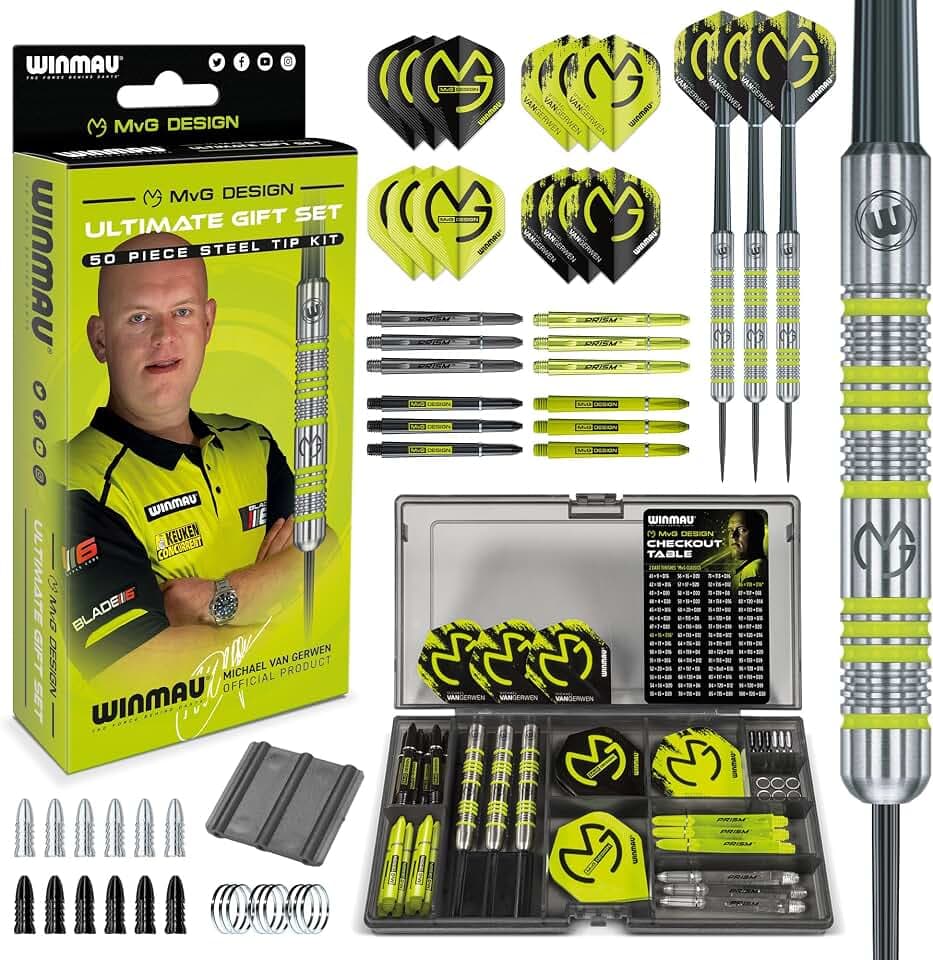 WINMAU - Professioneller Spieler - Michael Van Gerwen MvG Geschenkset - 50-teiliges Profi Darts Set - Enthält 4 x Stiele, 4 x Flüge und Zubehör - 18g Weiche Spitze oder 20g Dartpfeile Metallspitze