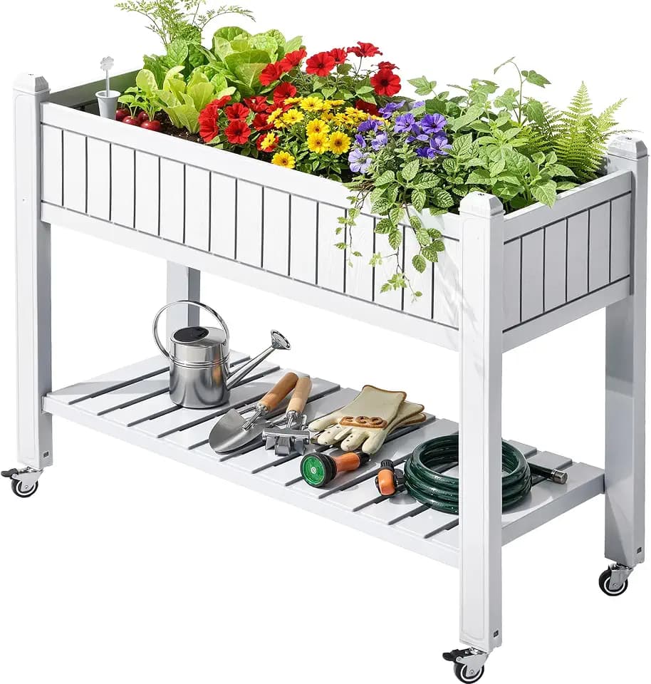 YITAHOME 42.5x17.3x35.4 in Raised Garden Bed, Outdoor Plastic Planter Box with Wheels, Legs, Drain Plug, and Storage Shelf for Plants, Vegetables, Flowers, Herbs, White