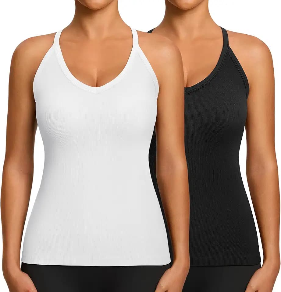 2 Pack Workout Tank Tops with Built in Bra for Women V Neck Ribbed