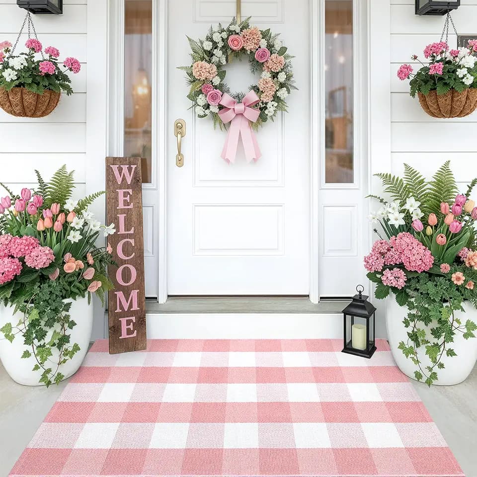 OLANLY Buffalo Plaid Rug 2'4" x 3'7" (27.5" x 43") – Pink and White Cotton Checkered Doormat, Washable Indoor Outdoor Rug for Layered Front Porch, Kitchen, Entryway Decor