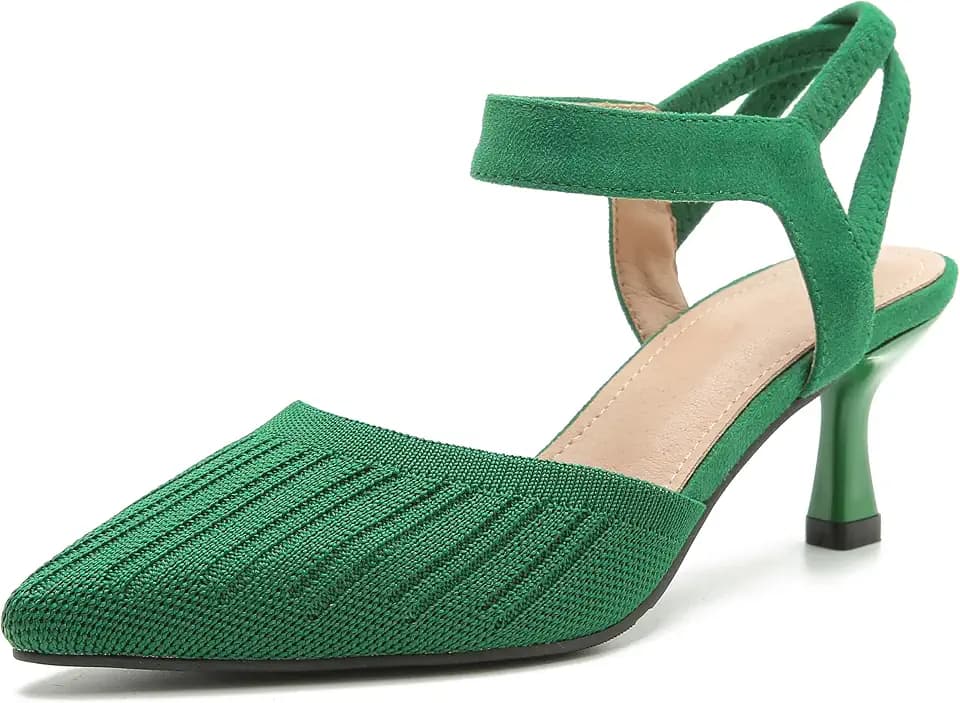 fereshte Women's Pointed Toe Kitten Heel Sandals, Knit Fabric, Elastic Ankle Strap Dress Pumps