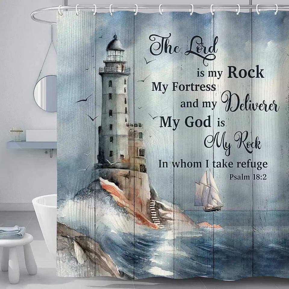Ocean Lighthouse Shower Curtain, Coastal Nautical Sunrise Beach Seascape Bathroom Curtain, Bible Verse Inspirational Motivational Quote Polyester Fabric with Hooks, 69X78in