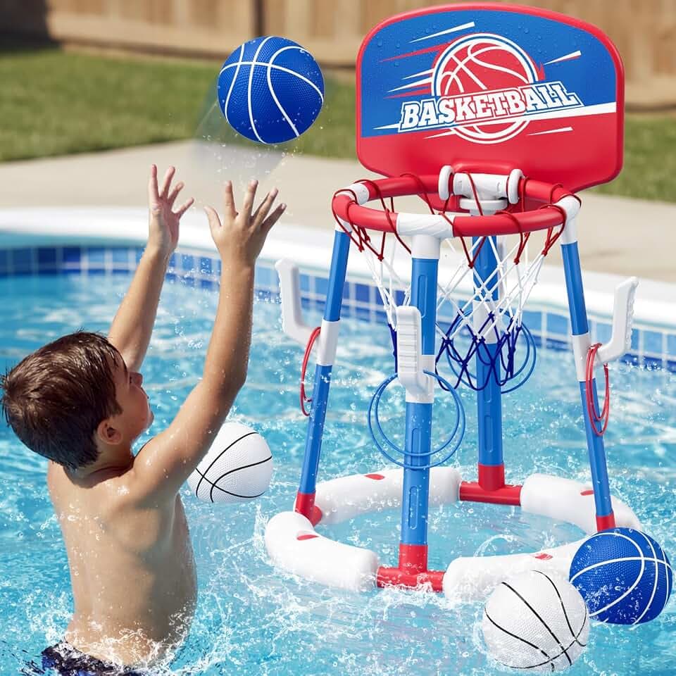 HYES 2-in-1 Pool Basketball Hoop & Ring Toss Game, Floating Pool Toys for Kids