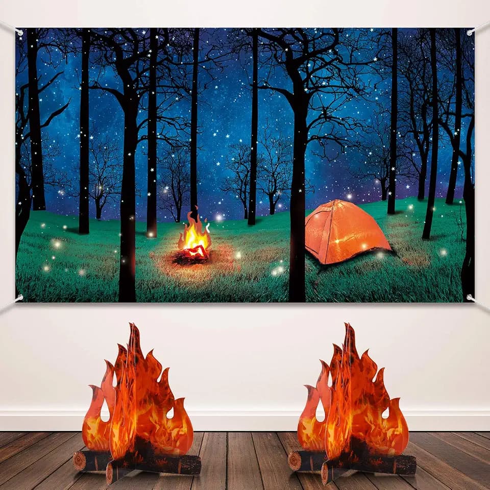 Forest Camping Backdrop & 2 Sets 3D Cardboard Campfire Decor
