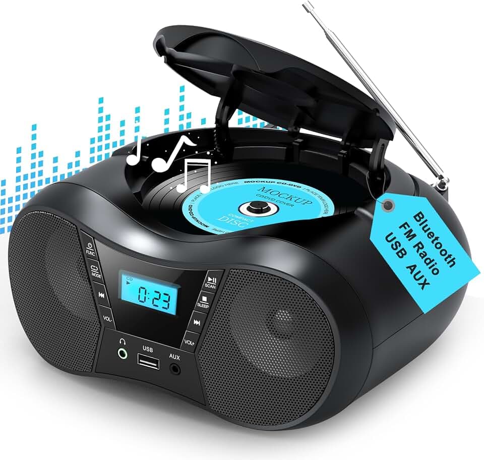 Greadio Portable Boombox CD Players for Home with Bluetooth, Stereo Sound