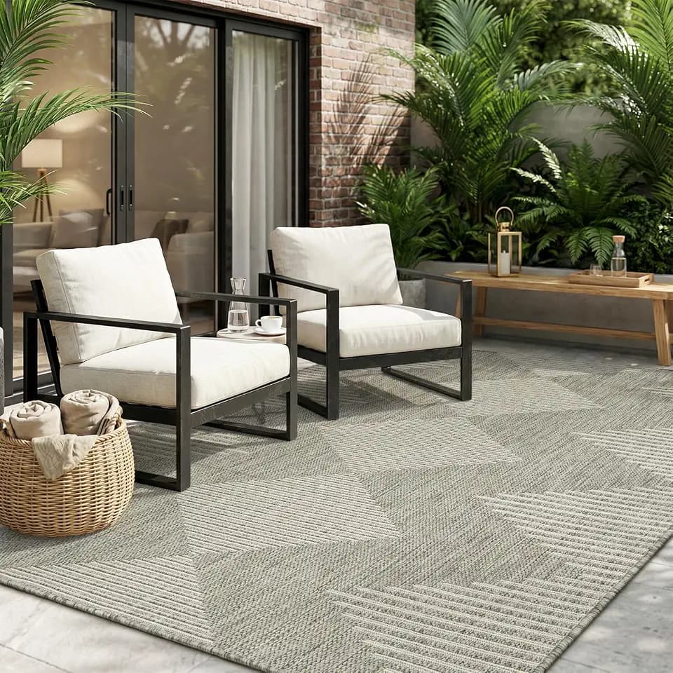 MontVoo-Outdoor Rug Carpet Patio Rug 5x7 ft Polypropylene Indoor Outdoor Rugs for Patio Deck Balcony Porch, Textured Weave, Durable for High Traffic, Fade-Resistant, Boho Geometric Silver Grey