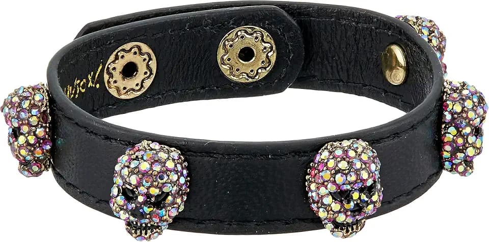 Betsey Johnson Halloween Black Leather with Multi-Color Stone Skulls Wrap Bracelet
