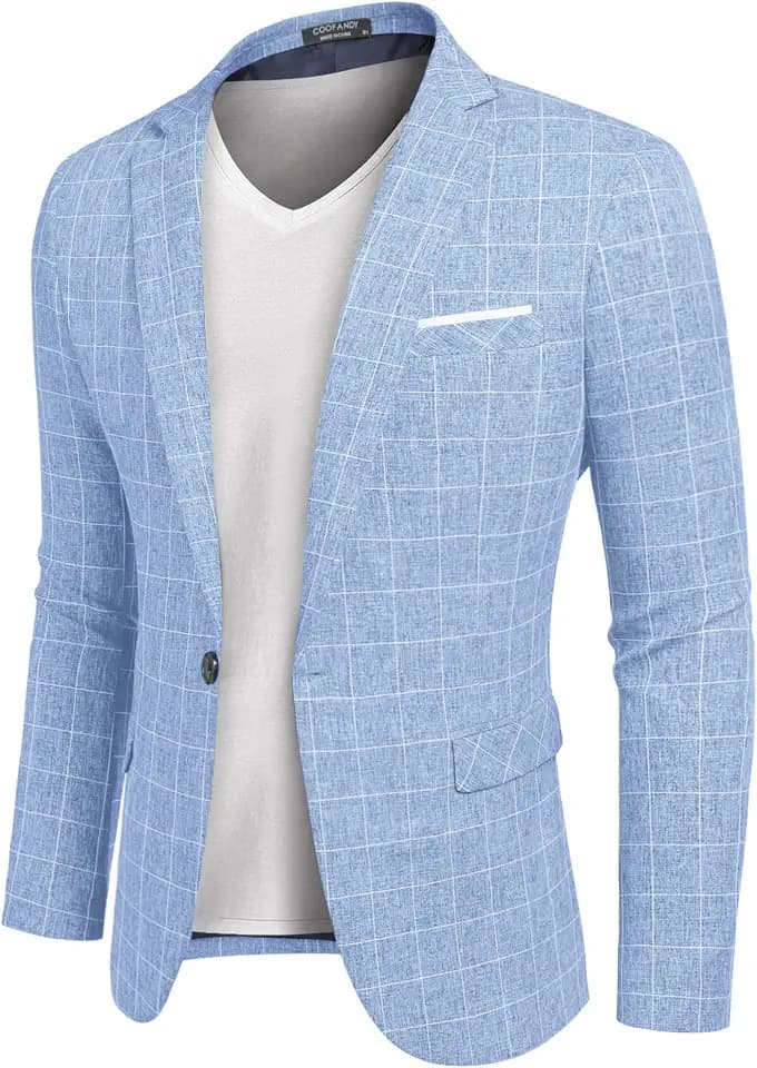 Coofandy Herren Blazer Casual Sport Mäntel Slim Fit EIN-Knopf-Anzugjacke Leichte Sportjacke, Karierter Blazer, Himmelblau, 3XL