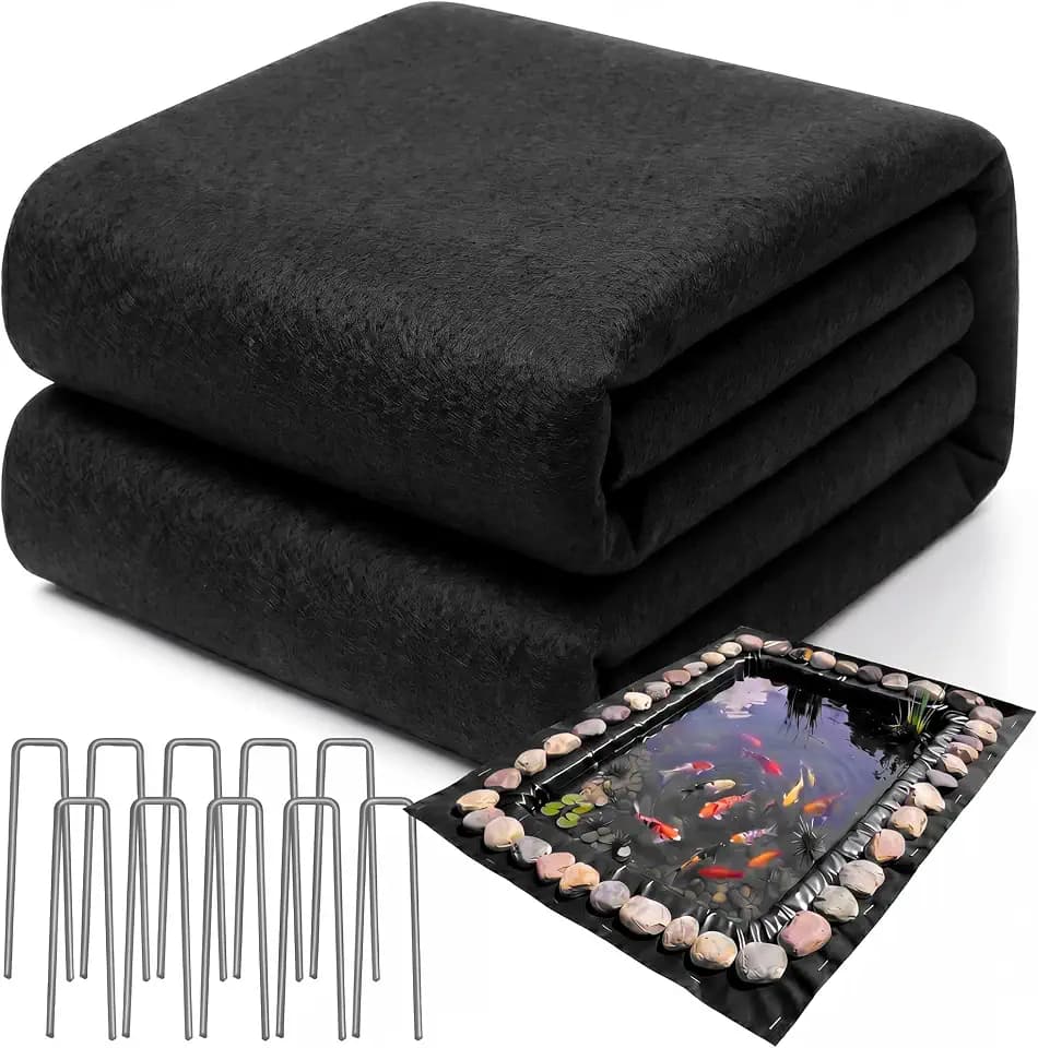 Fanfanwin 20 x 20 ft Pond Liner Underlayment with 10 U-pins, 9oz, Black